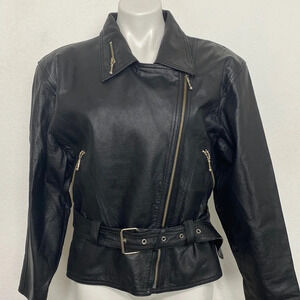 Miss Joy Black Moto Belted Leather Jacket Size 40=M